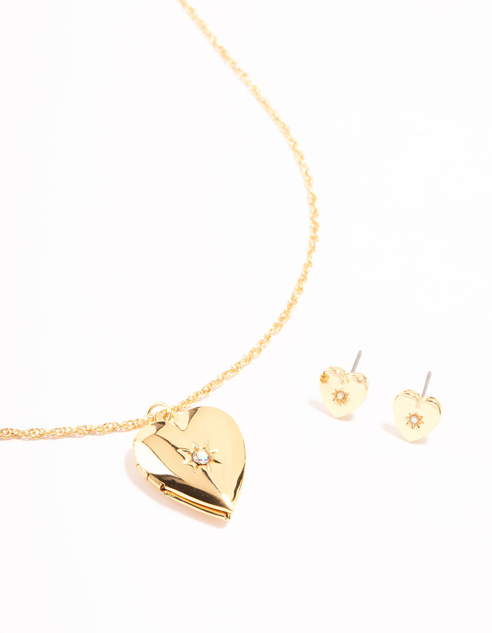 Gold Plated Heart Locket Necklace & Stud Earrings Set