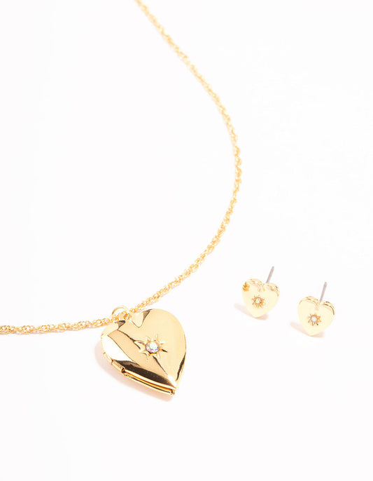 Gold Plated Heart Locket Necklace & Stud Earrings Set