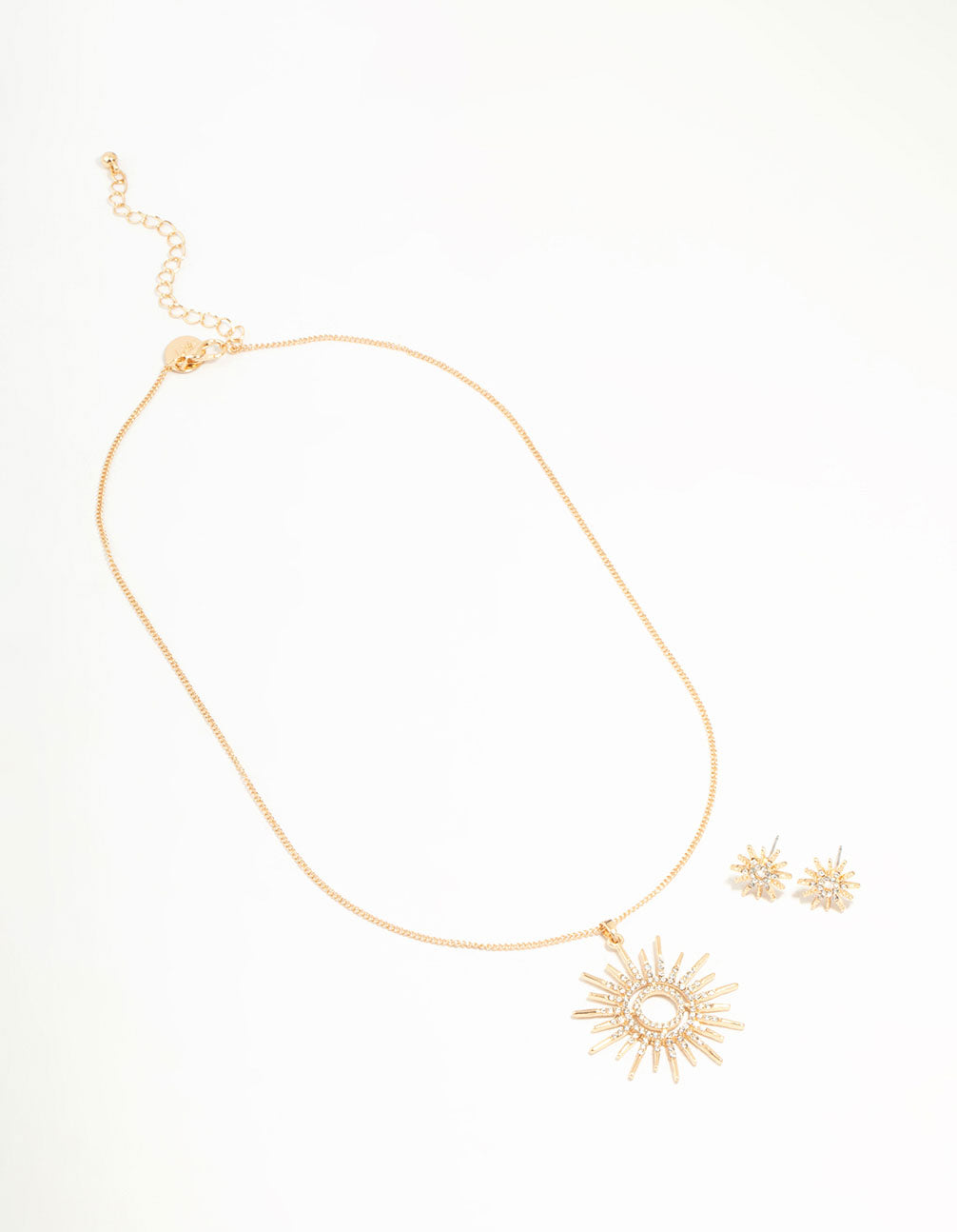 Gold Statement Diamante Sun Necklace & Stud Earrings Set