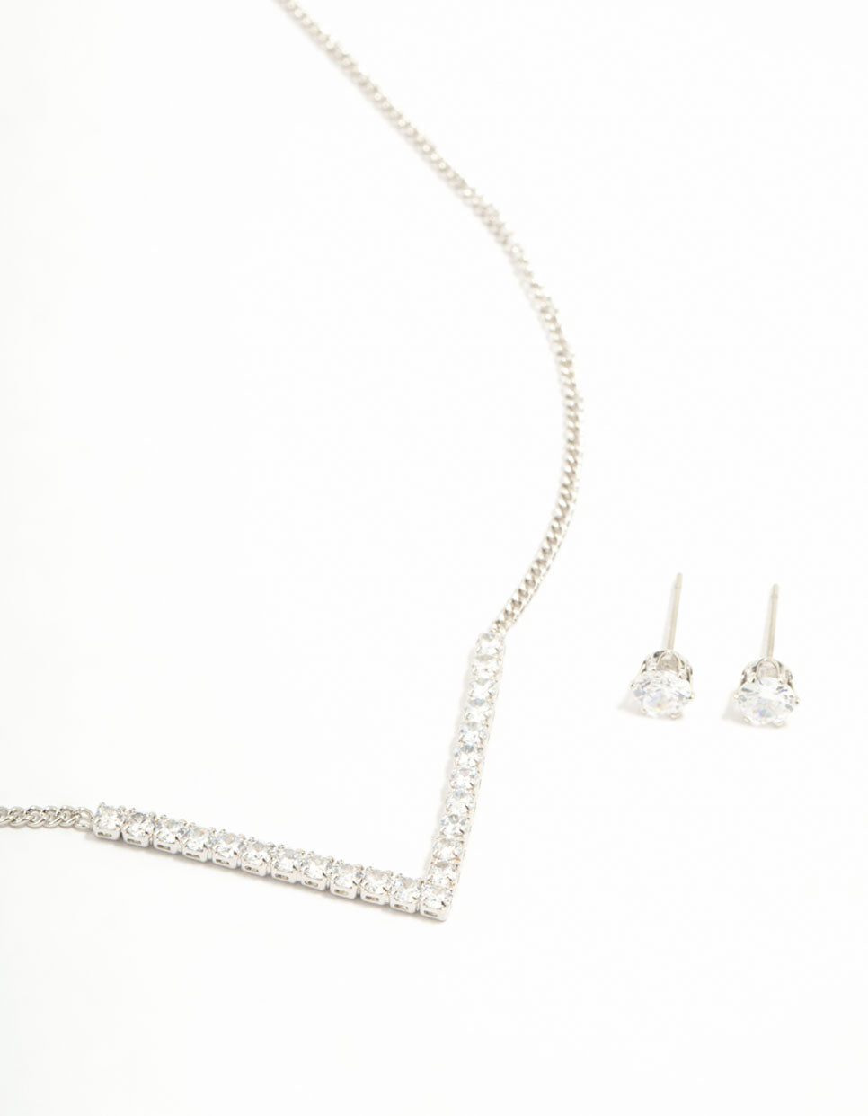 Silver Cubic Zirconia V-Necklace & Stud Earrings Set