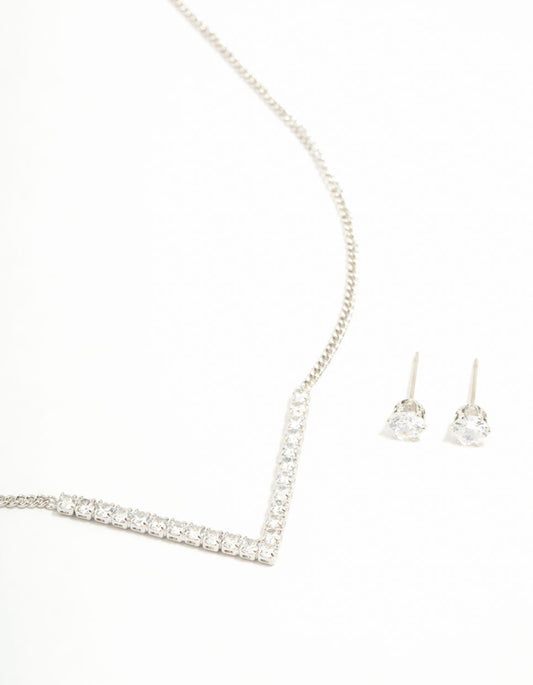 Silver Cubic Zirconia V-Necklace & Stud Earrings Set