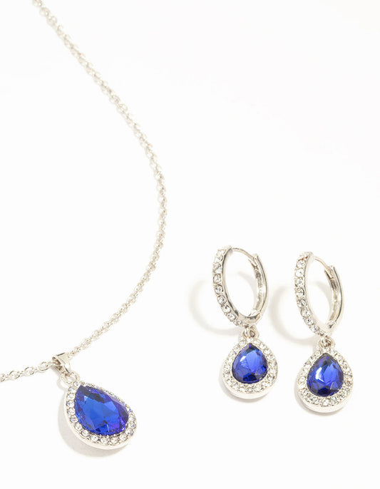 Silver Blue Diamante Halo Necklace & Huggie Earrings Set