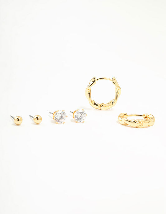 Gold Plated Twisted Hoop & Stud Earrings 3-Pack