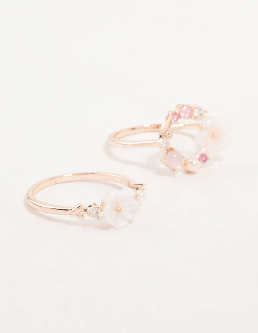 Rose Gold Flower & Circle Cubic Zirconia Rings 2-Pack