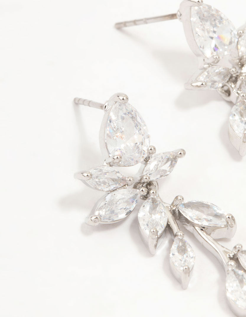 Cubic Zirconia Dainty Leaf Silver Drop Earrings