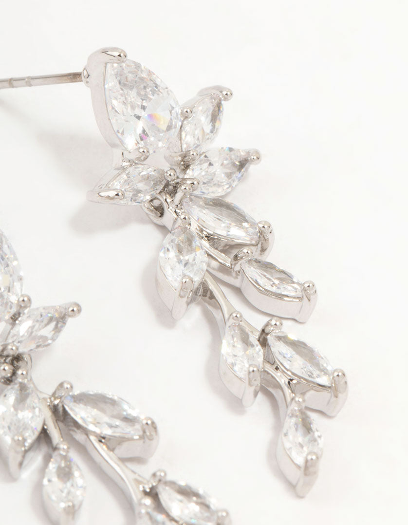 Cubic Zirconia Dainty Leaf Silver Drop Earrings