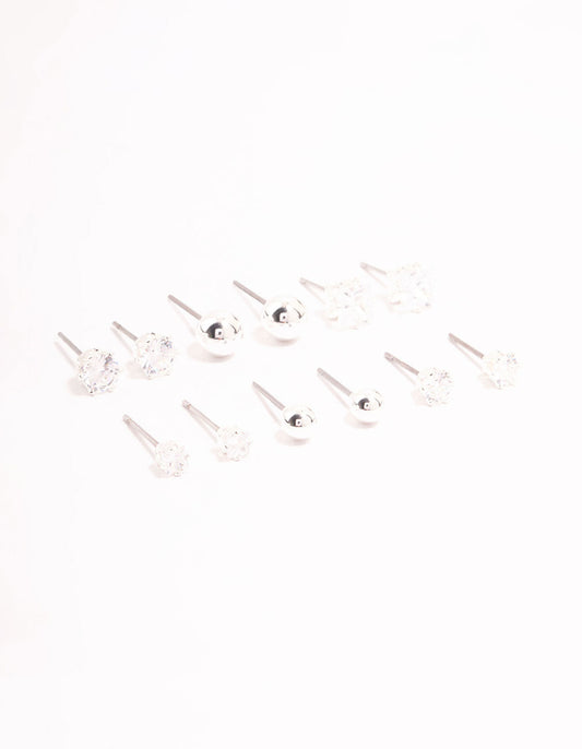 Silver Plated Cubic Zirconia & Ball Stud Earrings 6-Pack
