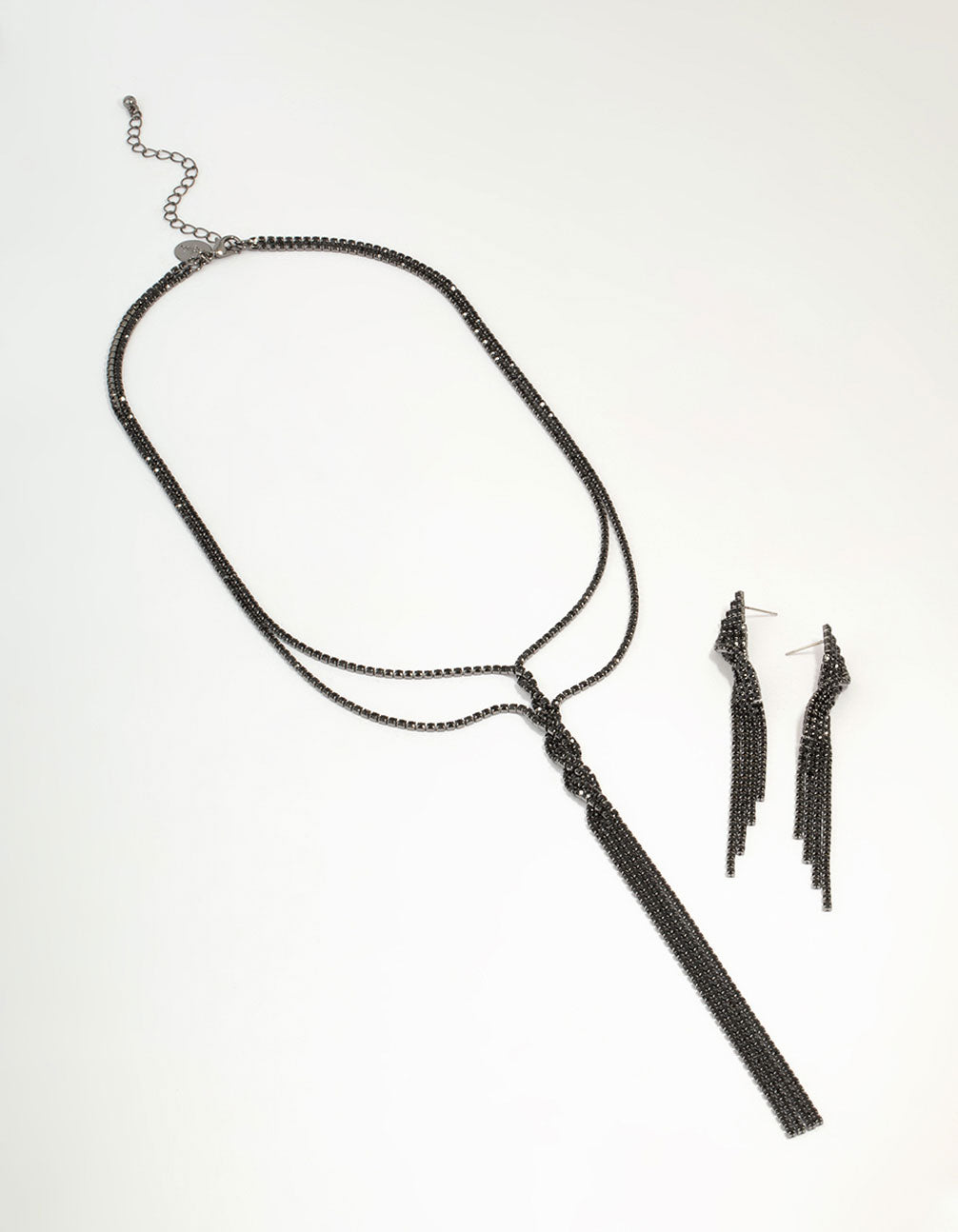 Black Diamante Double Chain Twisted Necklace & Earrings Set