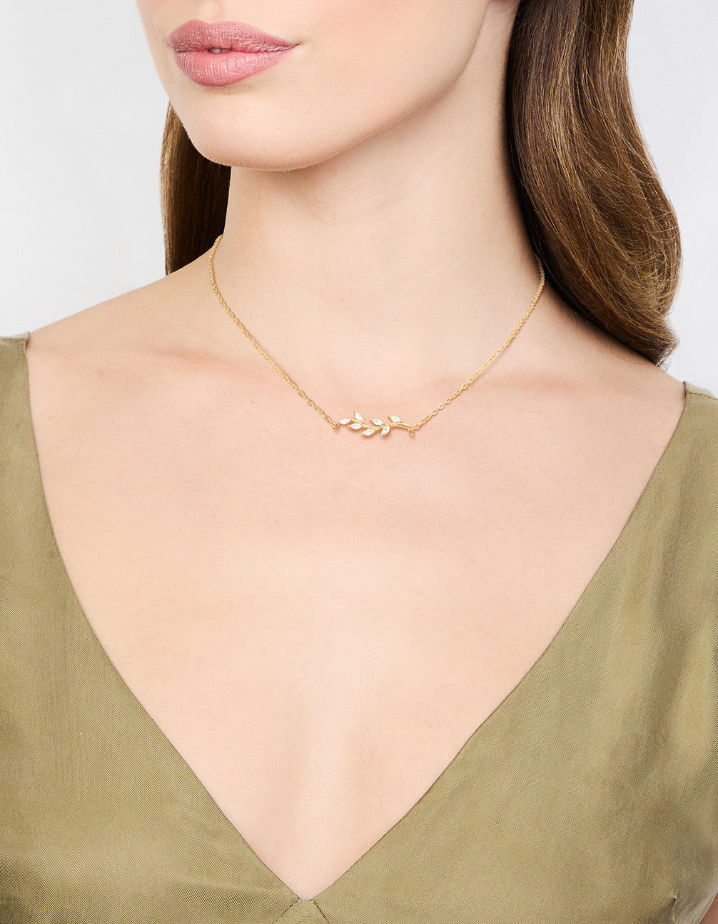 Waterproof Gold Plated Stainless Steel Cubic Zirconia Leaf Pendant Necklace