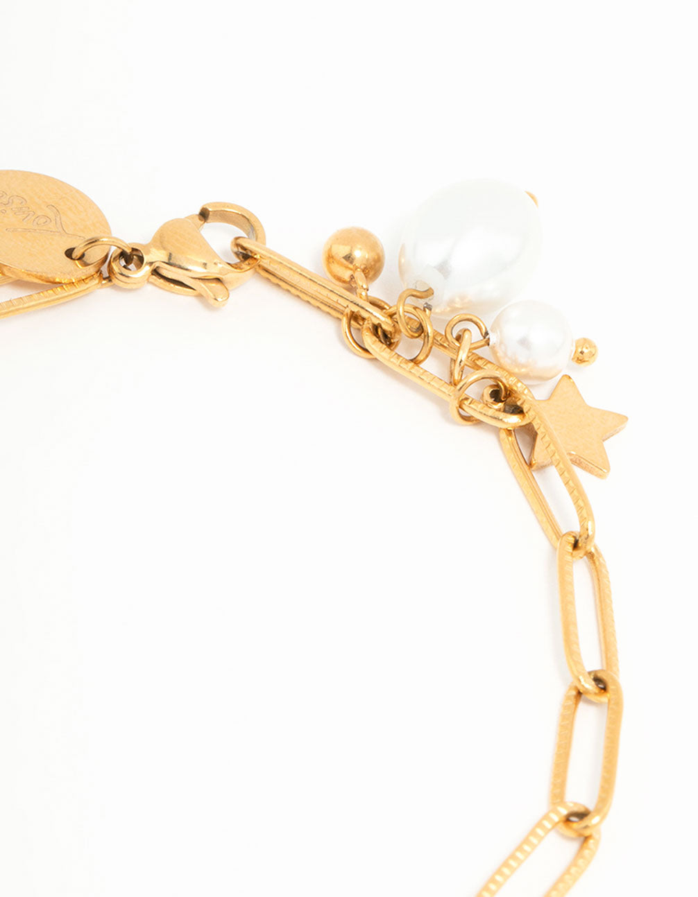 Waterproof Gold Plated Stainless Steel Pearl & Star Charm Bracelet