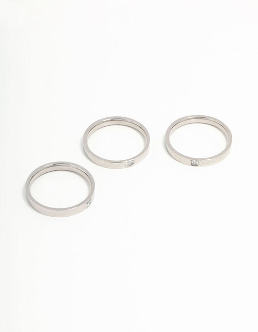 Waterproof Stainless Steel Cubic Zirconia Rings 3-Pack