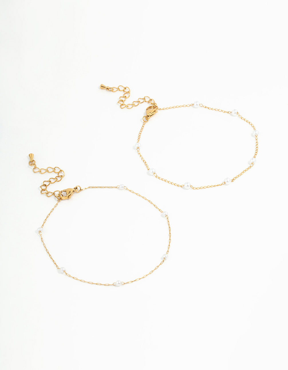 Waterproof Gold Plated Stainless Steel Station & Pearl Anklets 2-Pack
