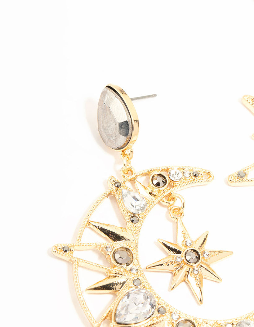Gold Celestial Diamante Drop Earrings