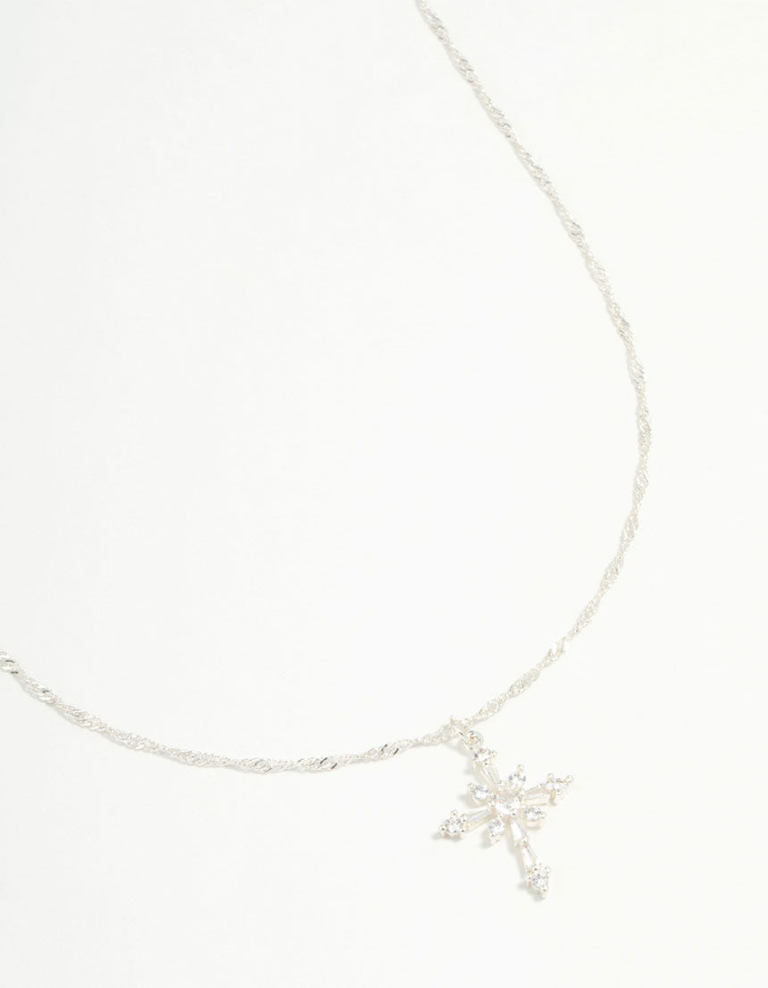Silver Plated Cubic Zirconia Snowflake Cross Necklace