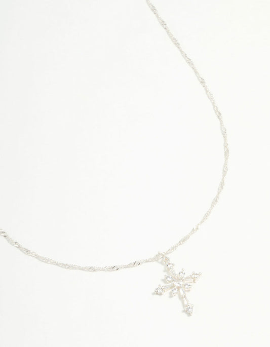 Silver Plated Cubic Zirconia Snowflake Cross Necklace