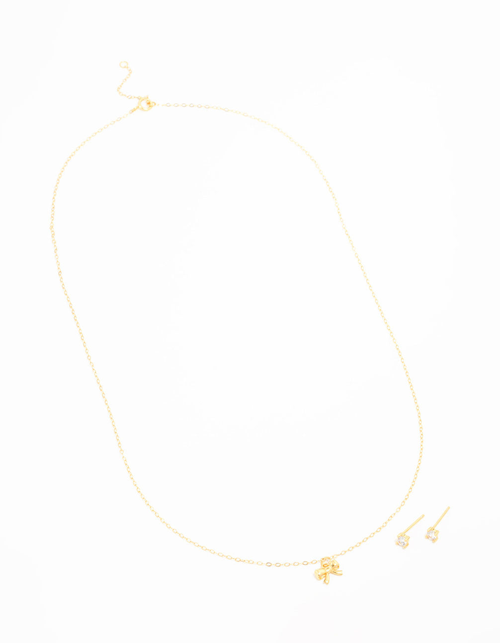 Gold Plated Sterling Silver Bow Necklace & Cubic Zirconia Studs Set