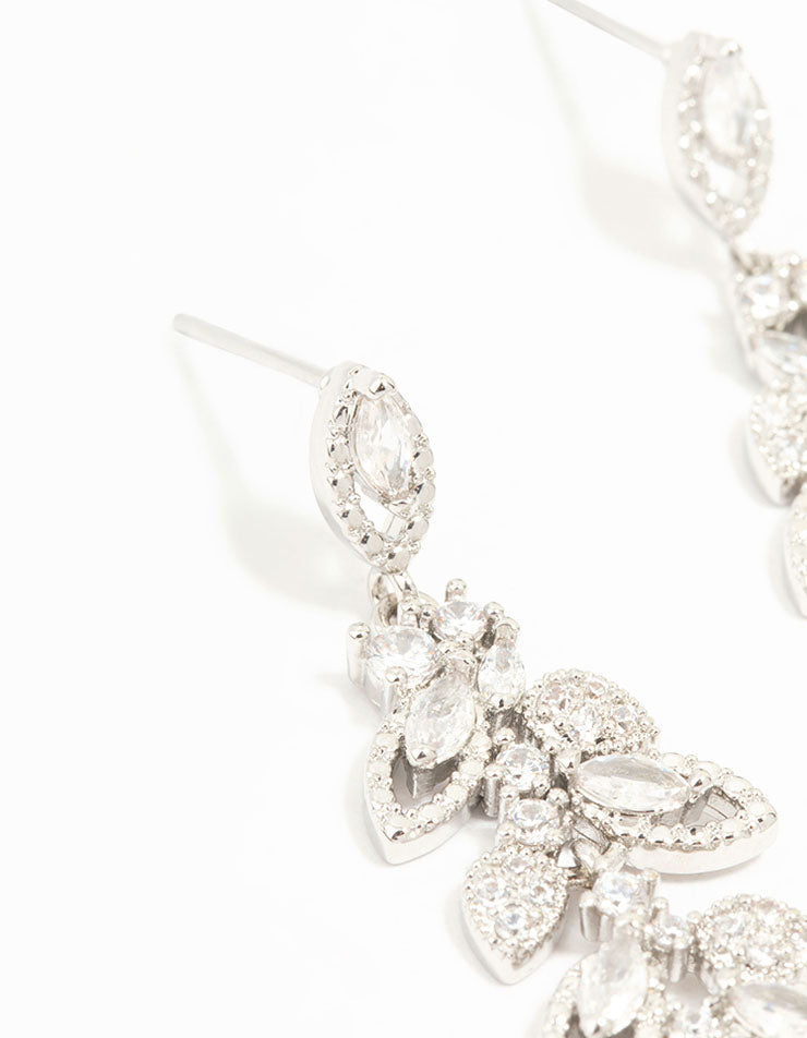 Silver Cubic Zirconia Cluster Leaf Drop Earrings