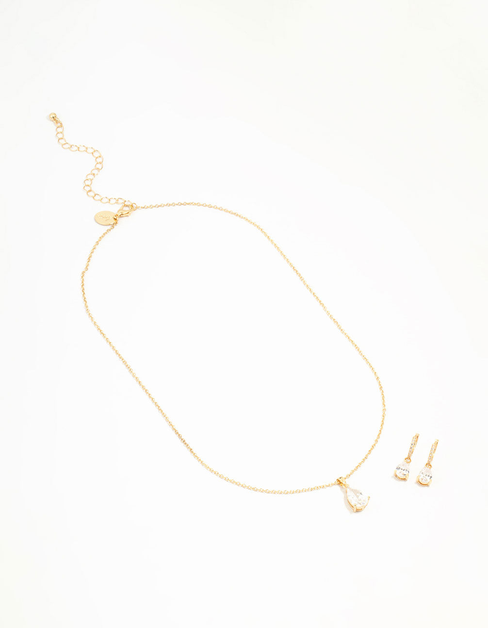 Gold Plated Cubic Zirconia Drop Necklace & Stud Earrings Set