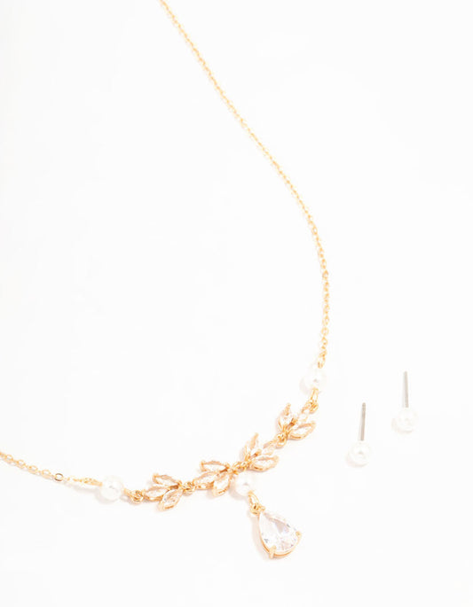 Gold Cubic Zirconia Pearl Necklace & Earrings Set