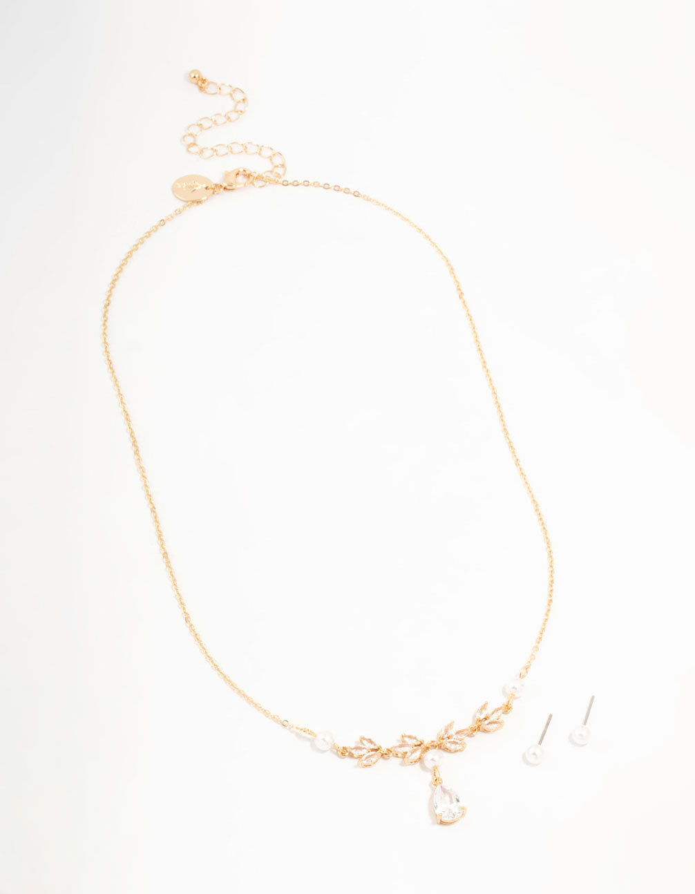 Gold Cubic Zirconia Pearl Necklace & Earrings Set