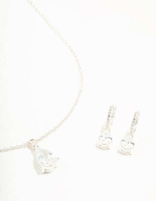 Silver Plated Cubic Zirconia Teardrop Necklace & Earrings Set