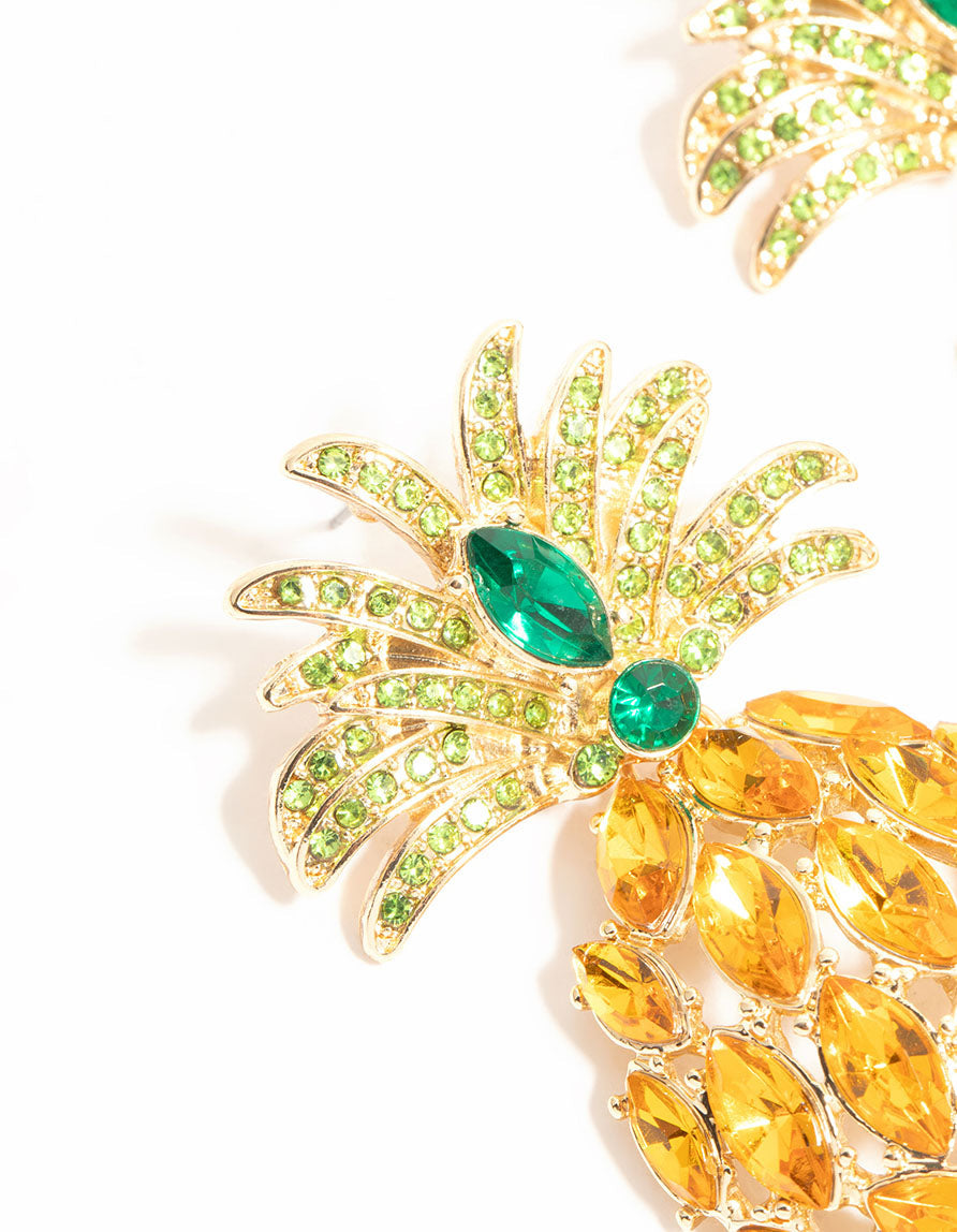 Gold Diamante Pineapple Drop Earrings
