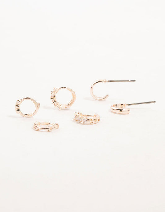 Rose Gold Mixed Diamante Huggie & Hoop Earrings 3-Pack