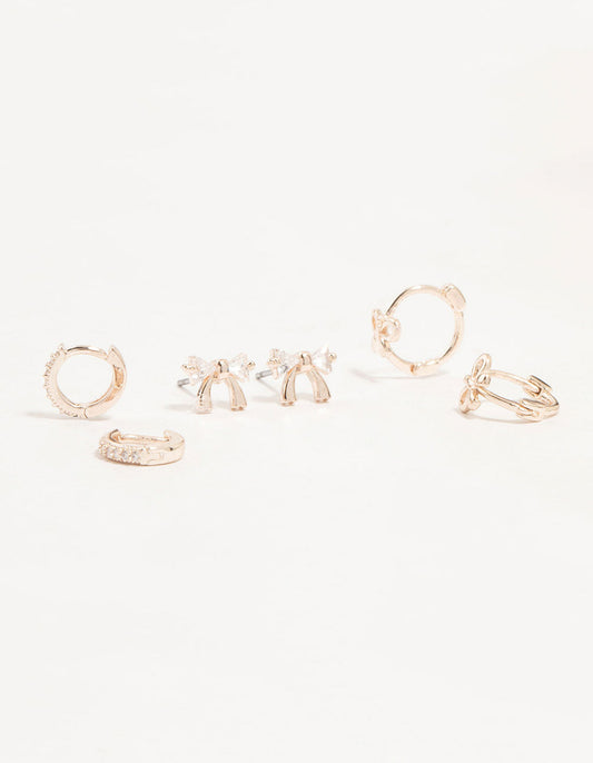 Rose Gold Cubic Zirconia Bow Stud & Hoop 3-Pack Earrings