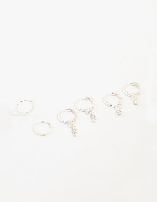 Silver Dainty Round Cubic Zirconia Hoop Earrings 3-Pack
