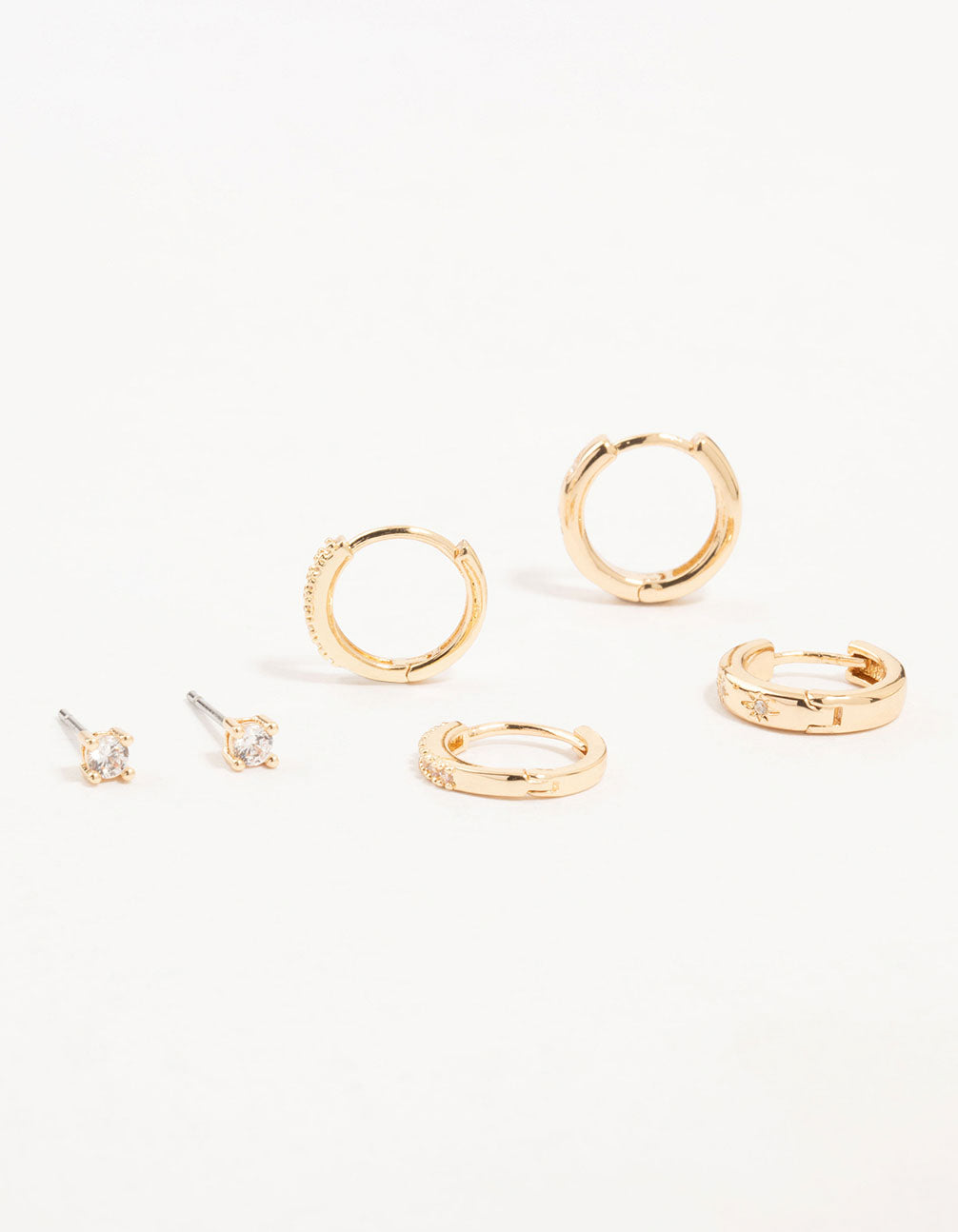 Gold Cubic Zirconia Cluster Hoop & Classic Stud Earrings 3-Pack