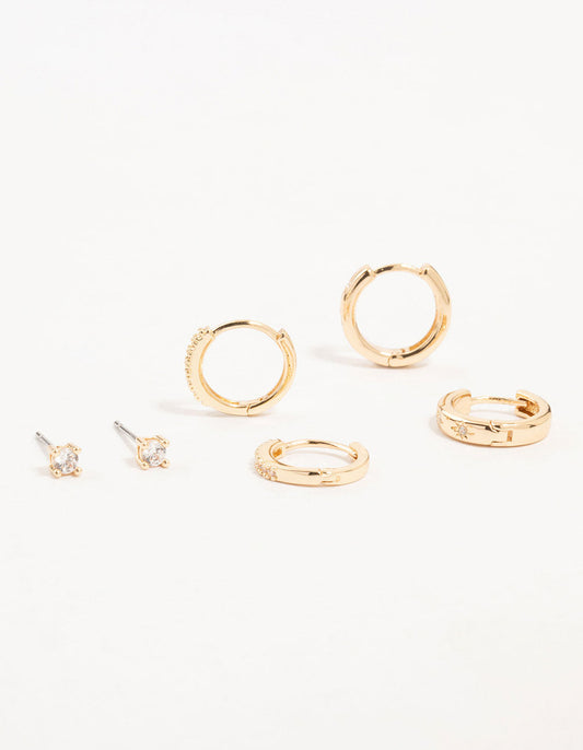 Gold Cubic Zirconia Cluster Hoop & Classic Stud Earrings 3-Pack