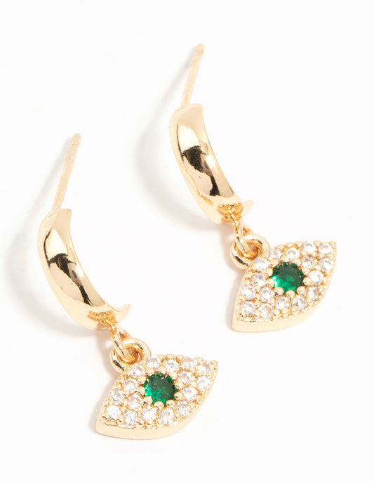 Gold Cubic Zirconia Evil Eye Huggie Drop Earrings