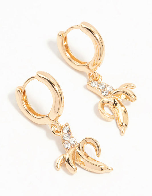 Gold Diamante Banana Drop Huggie Earrings