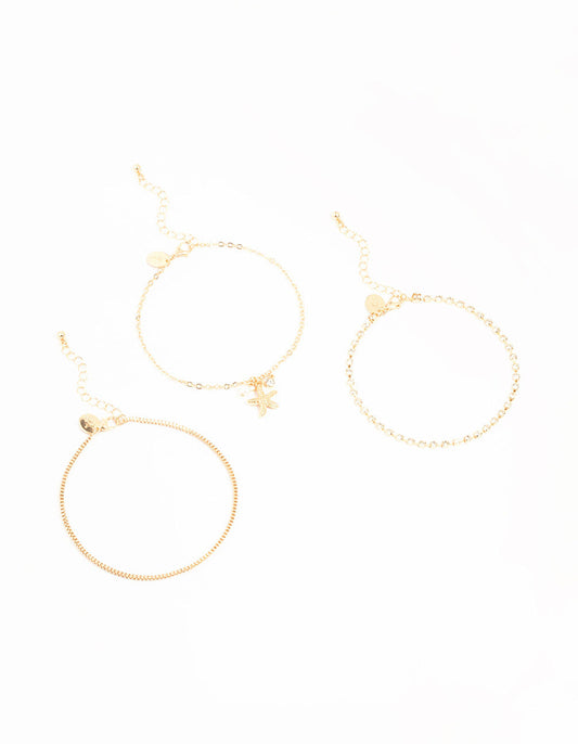 Gold Starfish & Mixed Chain Anklet 3-Pack