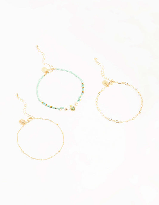 Gold Boho Heart & Mixed Chain Anklets 3-Pack