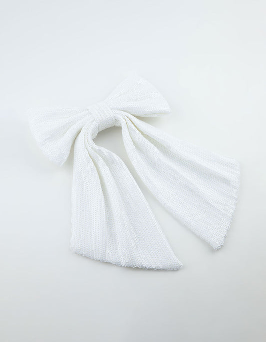 White Sequin Fabric Medium Bow Clip