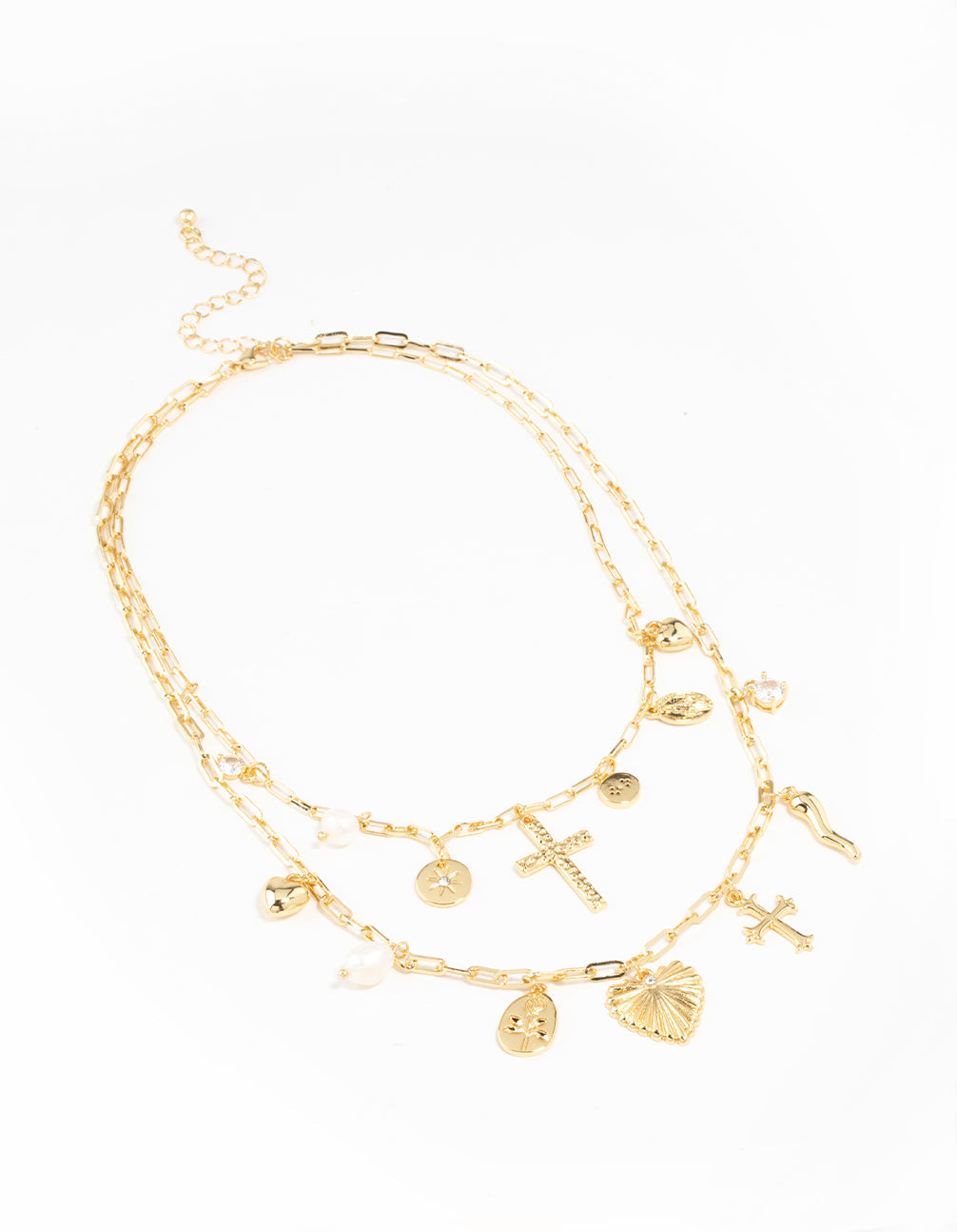 Gold Plated Freshwater Pearl, Cross & Heart Charm Necklace