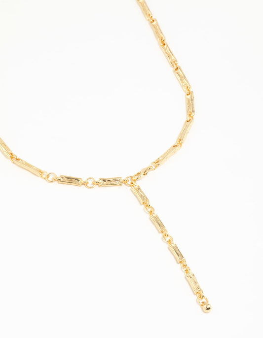 Gold Plated Rectangle & Hammered Y-Necklace