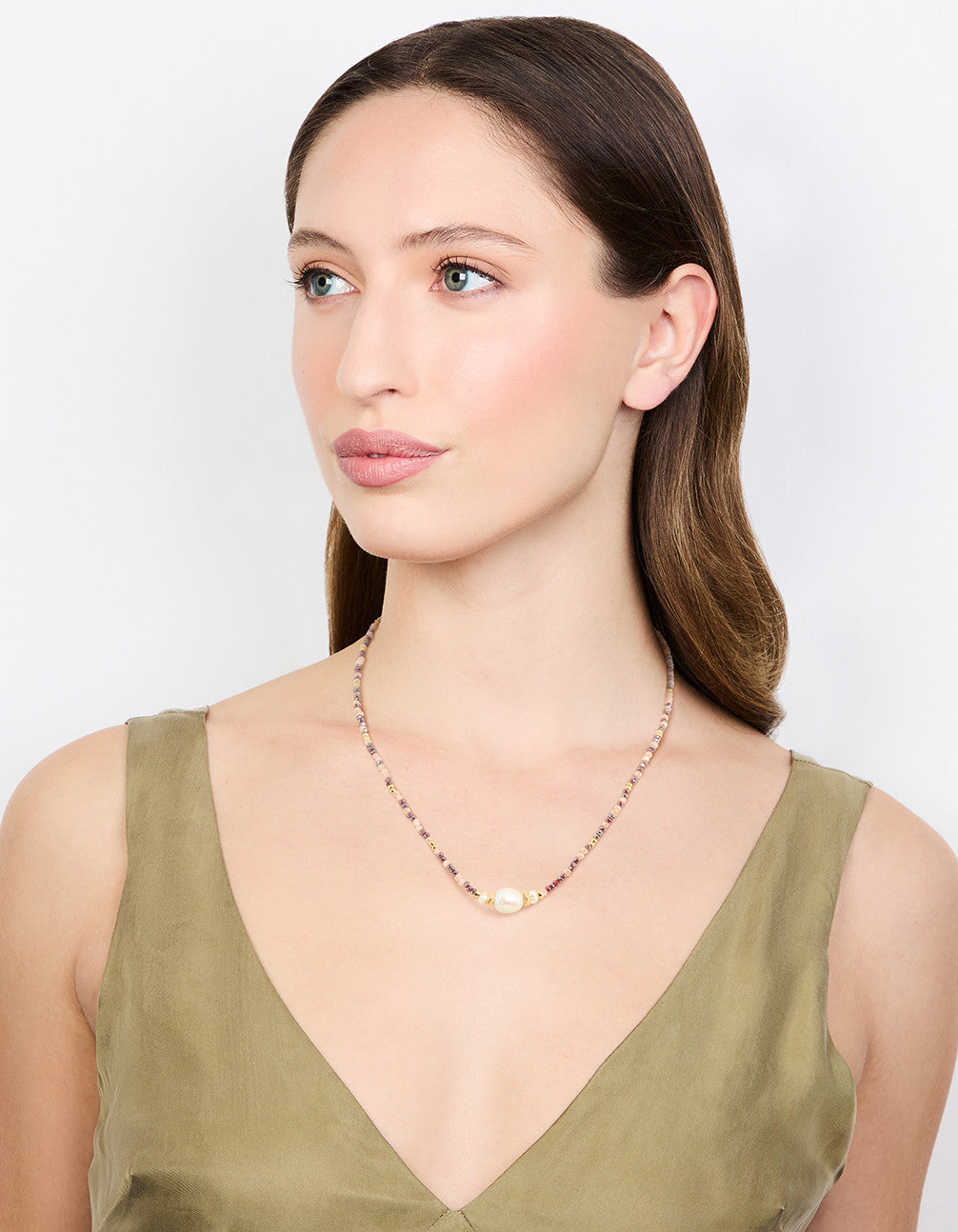 Gold Freshwater Pearl & Mini Purple Bead Necklace