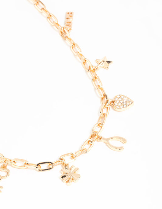 Gold Four Leaf Clover & Horseshoe Charm Necklace