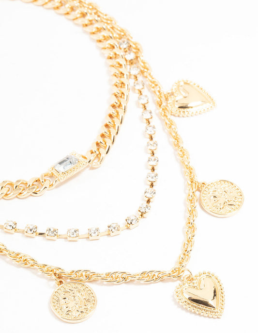 Gold Heart & Disc Choker Layered Necklace