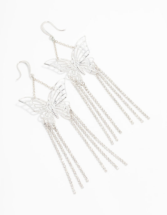 Silver Butterfly Cupchain Drop Earrings