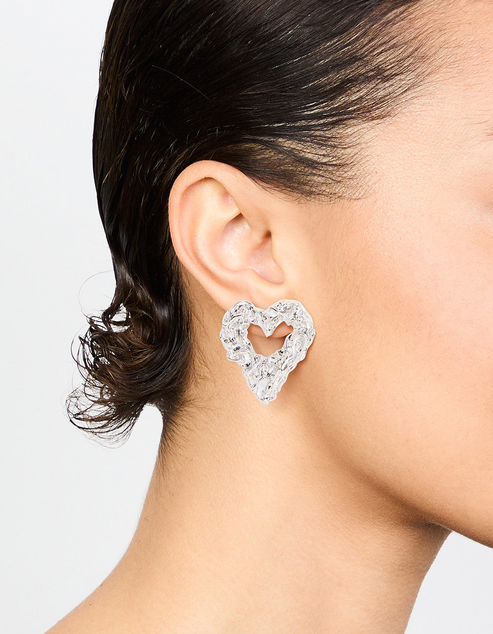 Silver Molten Open Heart Stud Earrings