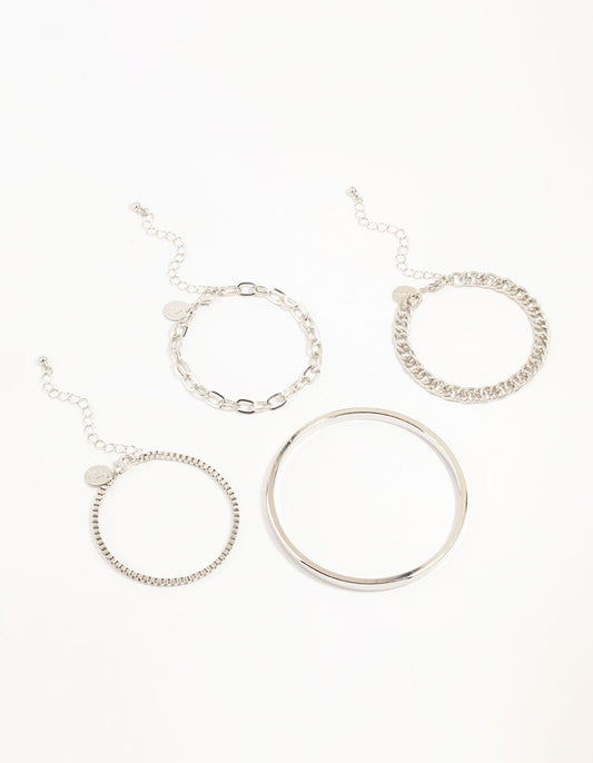 Silver Chain & Sleek Bracelets 4-Pack