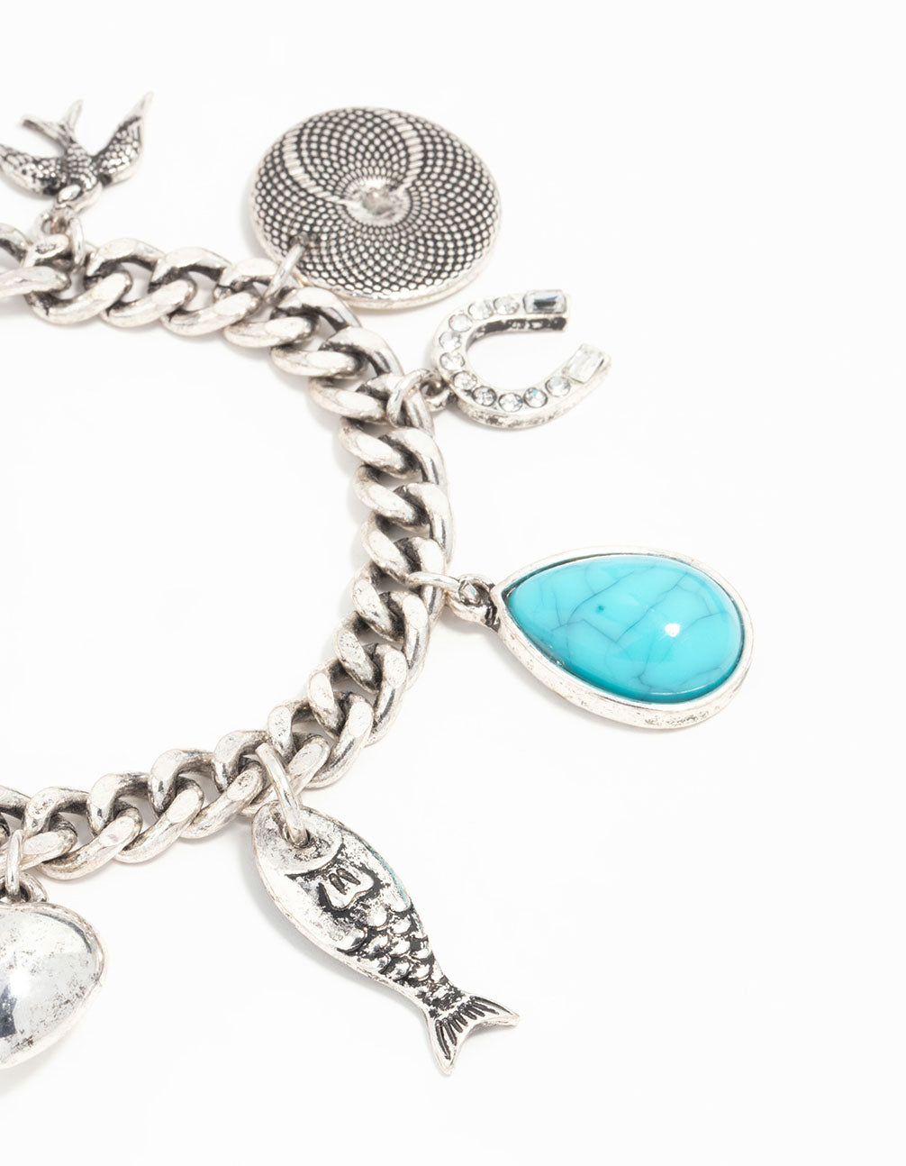 Antique Silver Turquoise & Horseshoe Charm Bracelet