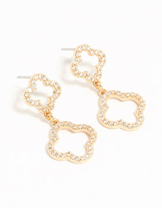 Gold Cubic Zirconia Flower Drop Earrings
