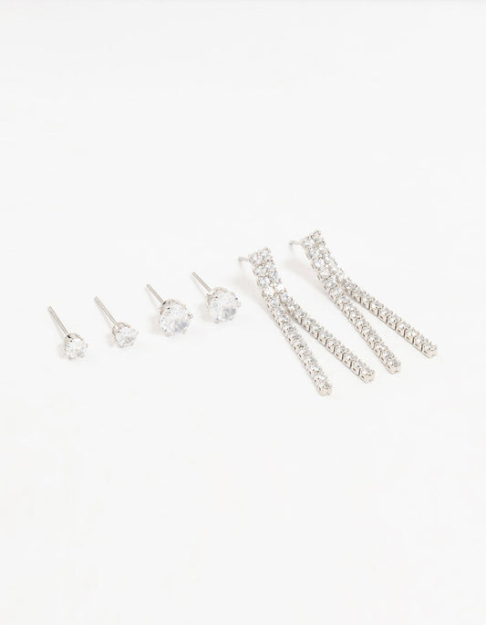 Silver Cubic Zirconia Stud Earrings 3-Pack