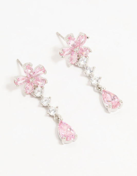 Silver Plated Pink Cubic Zirconia Flower Teardrop Stud Earrings