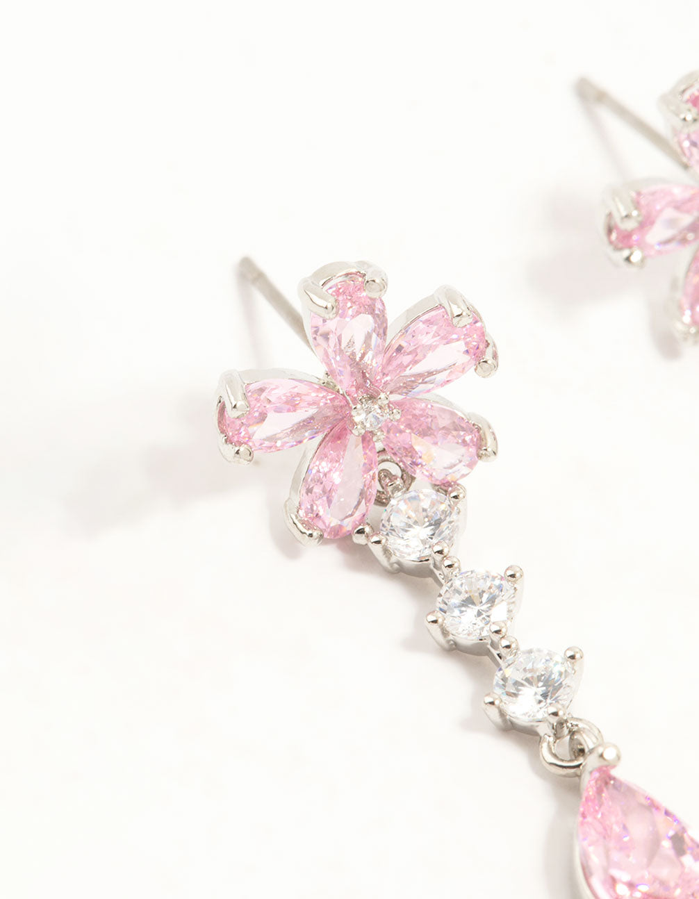 Silver Plated Pink Cubic Zirconia Flower Teardrop Stud Earrings