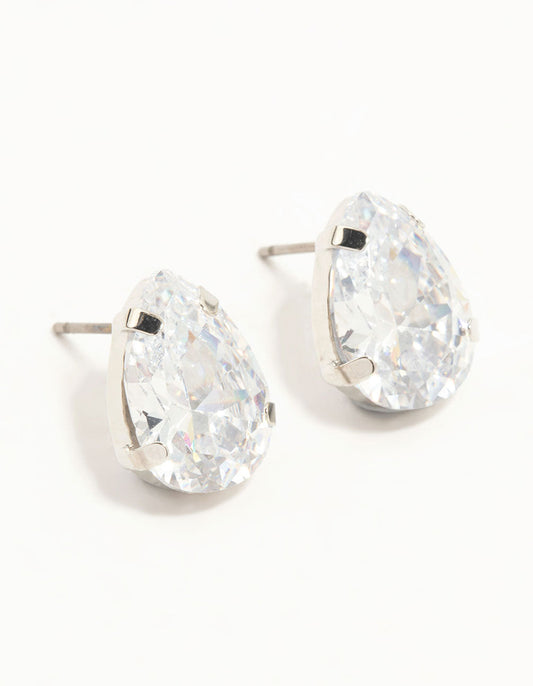 Silver Large Teardrop Cubic Zirconia Stud Earrings